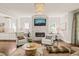 Bright and airy living room features a stone fireplace, hardwood floors, and sophisticated decor at 129 Ruskin Dr, Chapel Hill, NC 27516