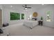 Bright bedroom featuring large windows with wooded views, ceiling fan, and stylish decor at 160 Daphine Dr, Hillsborough, NC 27278