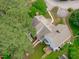 An aerial shot showcasing a home with outdoor living spaces and mature surrounding greenery at 1813 Carrington Dr, Raleigh, NC 27615