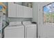 Well-lit laundry room with stacked appliances and ample cabinet space, complemented by a window at 1813 Carrington Dr, Raleigh, NC 27615