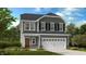 Charming two-story home with a gray exterior, red front door, and attached two-car garage at 215 Blue Butterfly Dr, Angier, NC 27501