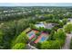 Aerial view showcasing the community pool, tennis courts, and playground by the lake at 7612 Vista Del Rey Ln, Raleigh, NC 27613