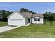 Inviting new construction features a light exterior, attached garage and a neatly landscaped front yard at 81 Coharie Dr, Lillington, NC 27546