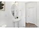 Modern powder room with a pedestal sink, oval mirror, and clean, minimalist design at 105 Mable Court # 10, Lillington, NC 27546