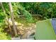 Aerial view of lush backyard featuring white picket fence and mature shade trees at 114 Bonaparte Dr, Hillsborough, NC 27278