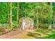 Lawn and garden shed surrounded by mature trees and a classic white picket fence at 114 Bonaparte Dr, Hillsborough, NC 27278