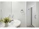 Bathroom with modern sink, vanity and a glass-door shower providing a serene and stylish space at 1208 Manassas Ct # A, Raleigh, NC 27609