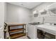 Functional laundry room with modern washer and dryer, and shelving for storage at 128 Potomac River St, Garner, NC 27529