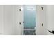 Hallway view of a modern shower with geometric blue tile and dark stone floor at 1405 Watts St, Durham, NC 27701