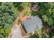 Aerial view of a home with a lush backyard, detached garage, and circular driveway at 2805 Evans St, Durham, NC 27705