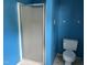 Bathroom featuring toilet and glass enclosed shower with blue painted walls at 3213 Sam Usry Rd, Oxford, NC 27565
