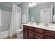 Bathroom featuring a double sink vanity, shower with curtain, and neutral paint at 42 Village Walk Dr, Chapel Hill, NC 27517