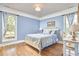 Light blue bedroom featuring hardwood floors, natural light, and a work desk at 423 N Cameron St, Hillsborough, NC 27278