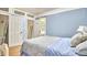 Cozy bedroom with blue paneled walls, white trim, and access to the bathroom at 423 N Cameron St, Hillsborough, NC 27278