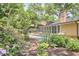 Landscaped backyard with an in-ground pool, brick chimney, and a screened-in porch at 423 N Cameron St, Hillsborough, NC 27278