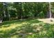 Expansive backyard with lush green grass, mature trees, and play equipment, perfect for outdoor activities at 5917 Clearsprings Dr, Wake Forest, NC 27587
