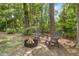 A charming backyard featuring a fire pit and Adirondack chairs surrounded by trees at 6 Weathergreen Ct, Durham, NC 27713