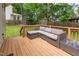 Wood deck with modern outdoor seating and fenced-in yard at 6004 Volant Dr, Raleigh, NC 27609