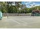Well-maintained outdoor tennis court surrounded by lush greenery and tall trees, perfect for recreational play at 790 Cashmere Ct, Sanford, NC 27332