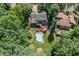 Aerial view of a spacious backyard with a pool, patio, lush greenery, and mature trees, offering private enjoyment at 108 Hanover Pl, Chapel Hill, NC 27516
