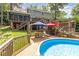 Backyard featuring a pool, deck and stairs leading to the main house creates an inviting outdoor space at 108 Hanover Pl, Chapel Hill, NC 27516