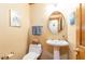 Compact powder room with pedestal sink, decorative mirror, and neutral color scheme at 108 Hanover Pl, Chapel Hill, NC 27516