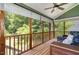 Outdoor screened porch featuring wooden floors and peaceful wooded views at 108 Hanover Pl, Chapel Hill, NC 27516