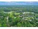 A scenic aerial view showing the Oak Grove Elementary School near homes and a lake surrounded by verdant trees at 110 Glenrose Ln, Cary, NC 27518