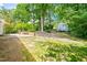 Backyard with patio and privacy from natural treeline in a large yard with storage building at 2107 Somers Ave, Burlington, NC 27215