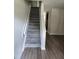 Carpeted staircase with white railings, connecting the home's levels, next to hardwood floors at 2519 Hitchcock Dr, Durham, NC 27705