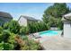 A private backyard pool is beautifully landscaped with colorful flowers and lush greenery at 3536 Greenville Loop Rd, Wake Forest, NC 27587