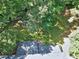 Aerial shot of a backyard with a playground and bordered flowerbeds; the yard is surrounded by mature trees at 5304 W Oaks Dr, Fuquay Varina, NC 27526