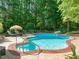 Backyard pool featuring lush landscaping and a rock waterfall at 5520 Creek Pine Dr, Wake Forest, NC 27587