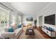 Cozy living room with large windows, neutral decor, and hardwood flooring at 1007 Surry Dale Ct, Apex, NC 27502