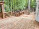Expansive wooden deck surrounded by mature trees, offering ample space for entertaining at 109 Elmview Dr, Cary, NC 27519