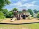 Colorful playground with slides and climbing structures on a mulch surface, surrounded by trees at 1514 Hinchliff Ct, Fuquay Varina, NC 27526