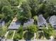 An aerial view showing the neighborhood, including the home, nearby trees, and the lush lawns in the neighborhood at 1812 Hilton St, Raleigh, NC 27608
