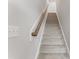Carpeted staircase with wooden handrail and white risers leading to an upper level at 1924 Fishamble # 23, Fuquay Varina, NC 27526