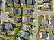 Aerial view of homes in a well-maintained neighborhood featuring lush green lawns and mature trees at 241 Fishburn Dr, Apex, NC 27523