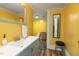 Bright yellow bathroom featuring a modern vanity and decorative mirror at 2646 Laurel Mill-Centerville Rd, Louisburg, NC 27549