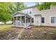 Backyard with a screened porch and stone path leading to a well-maintained lawn at 2855 Wilkes Lake Dr, Fuquay Varina, NC 27526