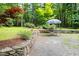 Lush backyard with a stone terrace, garden, mature trees, and a shaded seating area at 406 Johns Woods Rd, Chapel Hill, NC 27516