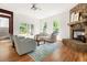 Inviting living room with a stone fireplace, natural light, and hardwood floors at 406 Johns Woods Rd, Chapel Hill, NC 27516