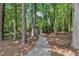 The backyard reveals a wooded lot with a gravel pathway leading to a storage shed among the trees at 5121 Ten Point Trl, Wake Forest, NC 27587