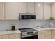 Kitchen features modern stainless appliances, stone countertop and backsplash, and bright cabinetry at 702 Sanderson Dr, Durham, NC 27704