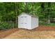 Close up view of white-painted storage shed with double doors and simple trim at 702 Sanderson Dr, Durham, NC 27704