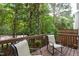Relaxing back deck featuring wood flooring, railings and a serene view of lush greenery and mature trees at 7244 Galon Glen Rd, Raleigh, NC 27613