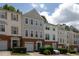 Exterior of charming townhomes with brick facades, attached garages, and lush landscaping at 7244 Galon Glen Rd, Raleigh, NC 27613