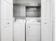 A convenient laundry room with a washer and dryer unit, storage cabinets, and white doors at 8312 Bellingham Cir, Raleigh, NC 27615
