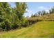 Picturesque backyard with verdant lawn, mature trees, and a retaining wall at 1002 Gilly Ct, Durham, NC 27703